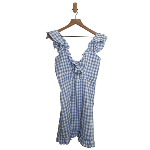 NWT Altard State Blue Gingham Mini Dress Size Large Ruffle Sleeve Bow Tie Front - Picture 1 of 10